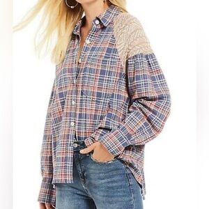 FREE PEOPLE Fireside Nights Plaid & Knit Long Sleeve Blouse Cloudy Combo S
